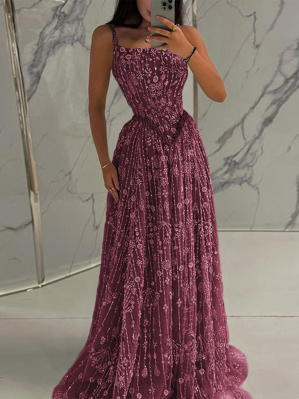 A-line Spaghetti Straps Appliques Lace Sweep Train Lace Prom Dress