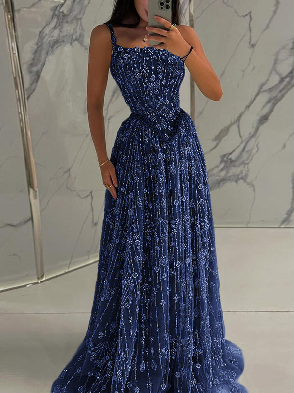 A-line Spaghetti Straps Appliques Lace Sweep Train Lace Prom Dress