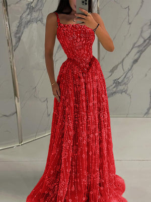 A-line Spaghetti Straps Appliques Lace Sweep Train Lace Prom Dress