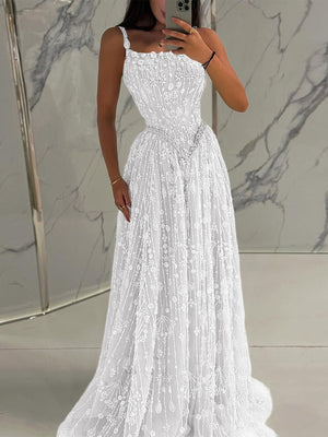 A-line Spaghetti Straps Appliques Lace Sweep Train Lace Prom Dress