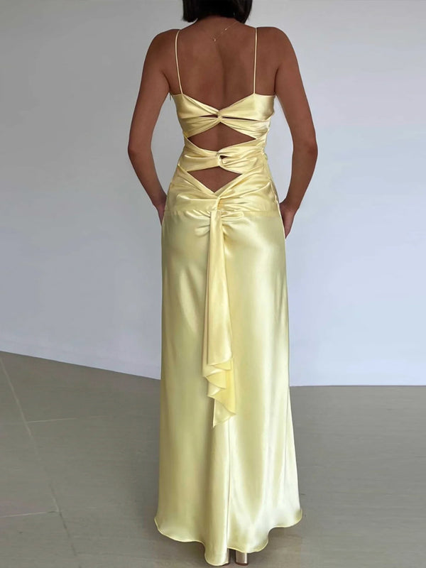 A-line V-neck Pleated Floor-Length Silk Like Satin Prom Dress