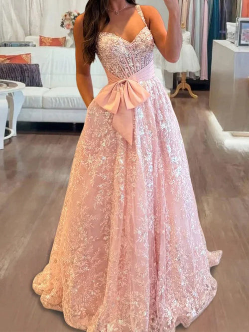 A-line Sweetheart Bow Sweep Train Lace Corset Prom Dress