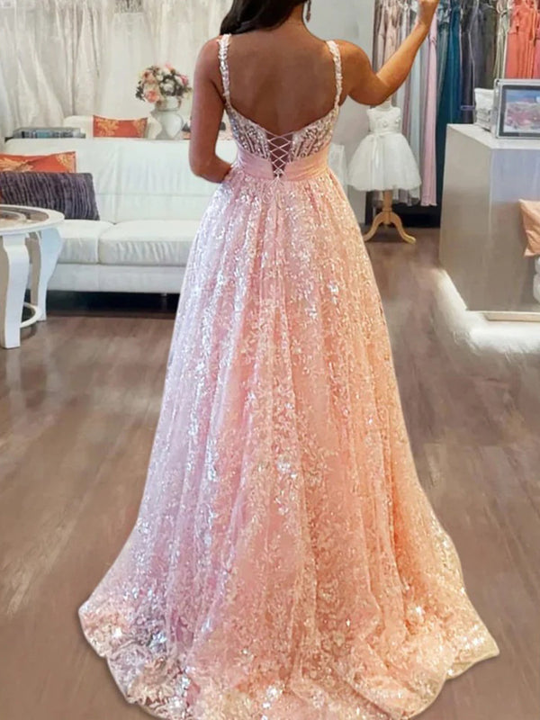 A-line Sweetheart Bow Sweep Train Lace Corset Prom Dress