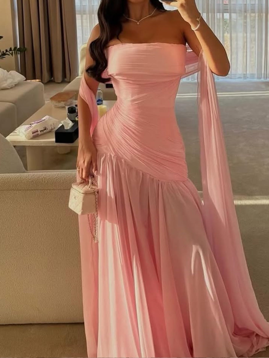 Sheath Straight Pleated Sweep Train 30D Chiffon Corset Prom Dress