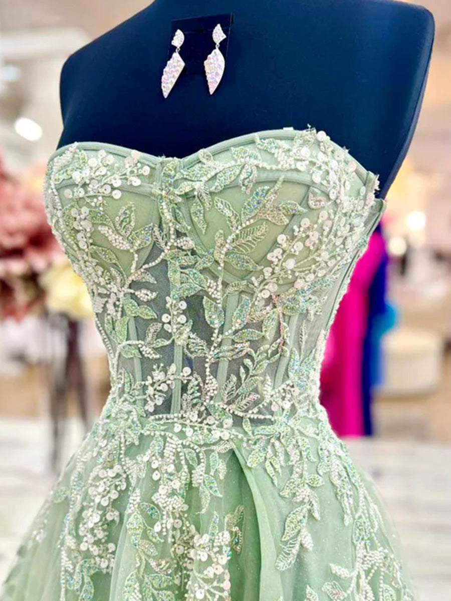 A-line Sweetheart Appliques Lace Sweep Train Tulle Corset Prom Dress