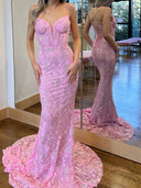 Sheath Spaghetti Straps Appliques Lace Court Train Lace Corset Prom Dress