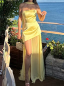 Sheath Straight Sweep Train Silk Like Satin Corset Prom Dress