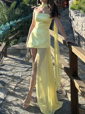 Sheath Straight Sweep Train Silk Like Satin Corset Prom Dress