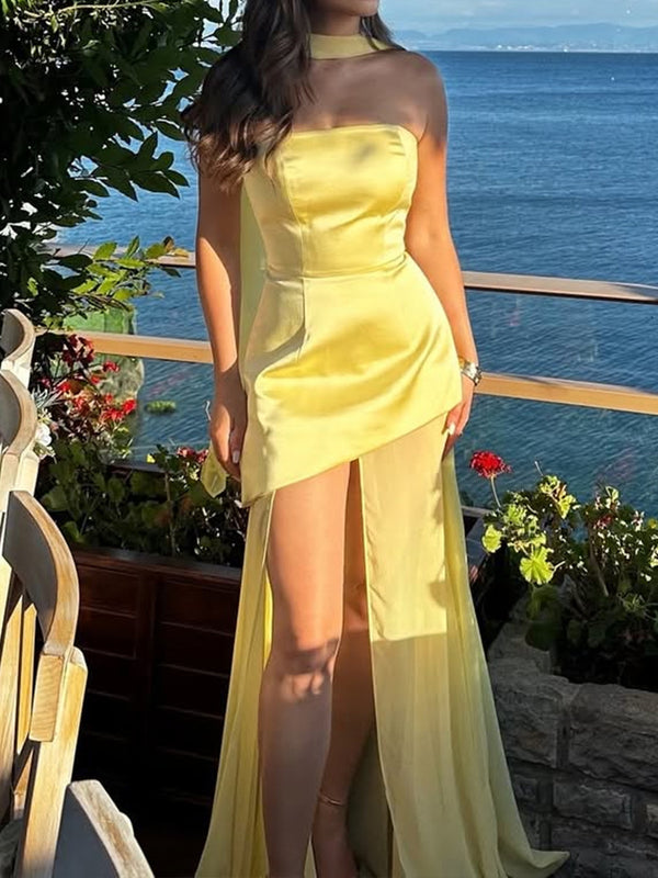 Sheath Straight Sweep Train Silk Like Satin Corset Prom Dress