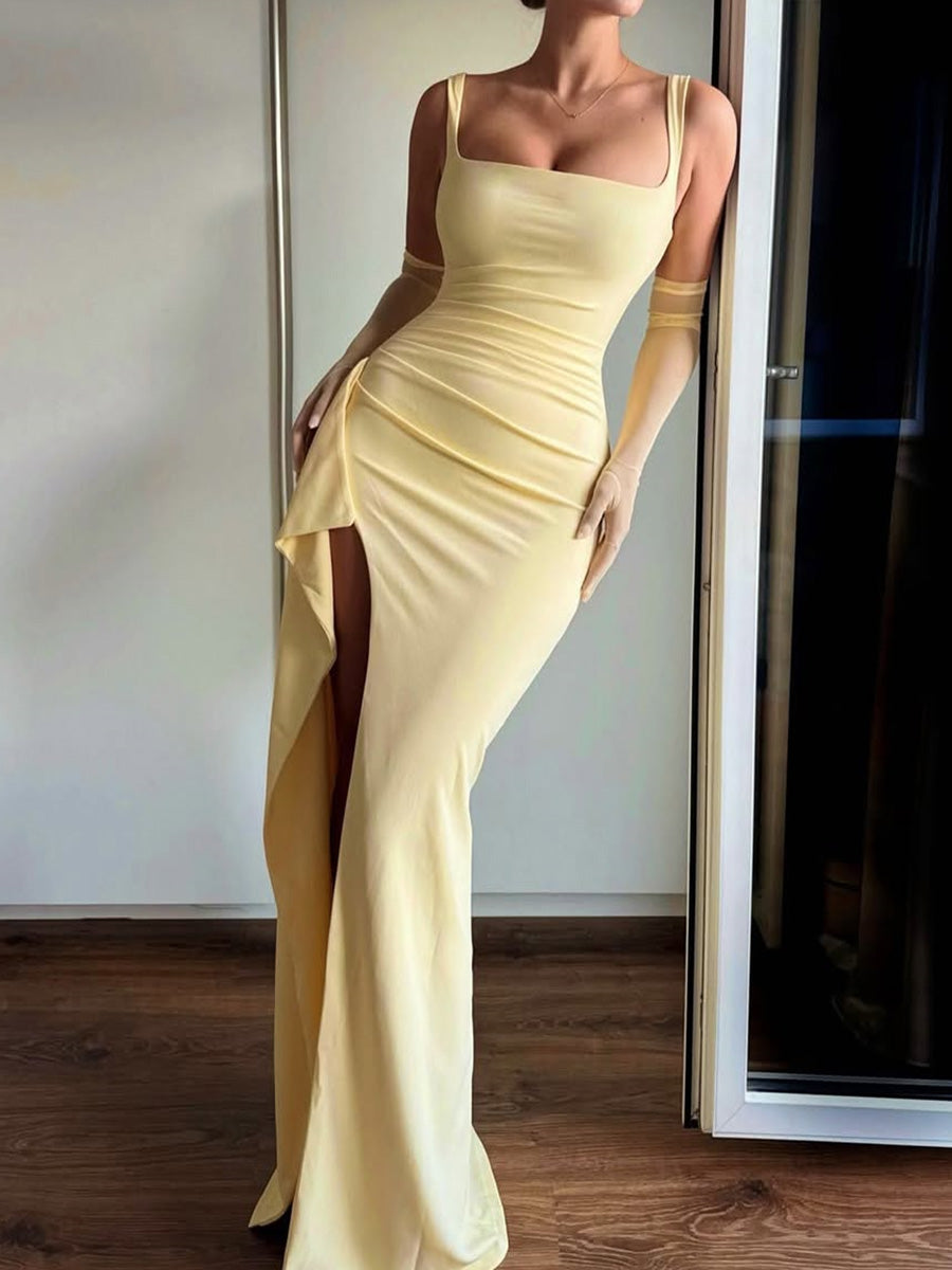 Sheath Square Pleated Floor-Length Jersey Prom Dress