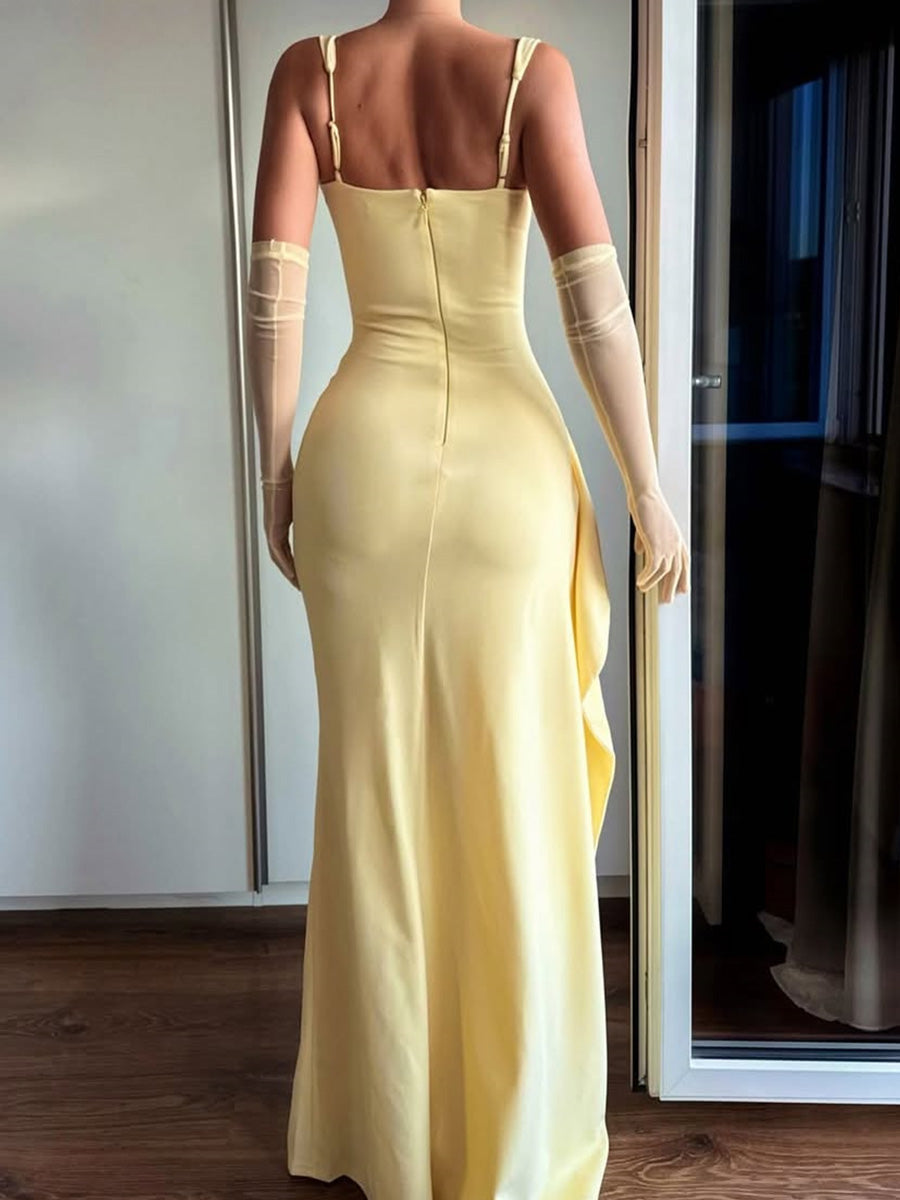 Sheath Square Pleated Floor-Length Jersey Prom Dress
