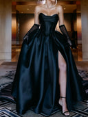 A-line Sweetheart Pleated Chapel Train Satin Corset Prom Dress
