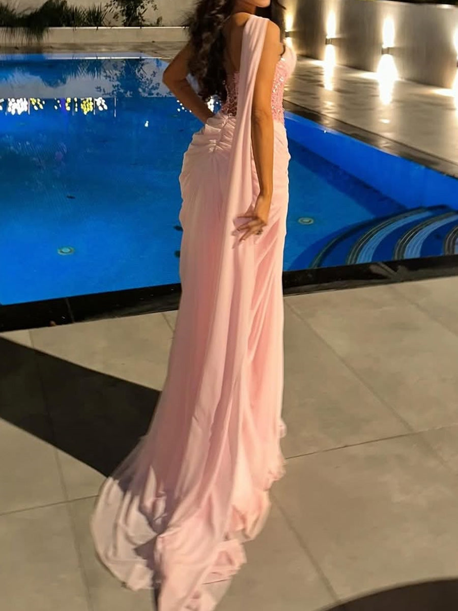 Sheath Sweetheart Sequin Sweep Train Chiffon Corset Prom Dress