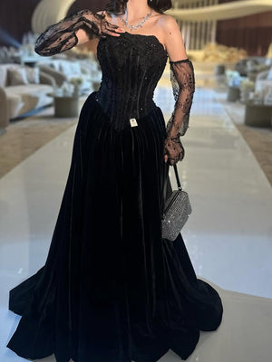 A-line Straight Ruffles Sweep Train Satin Corset Prom Dress