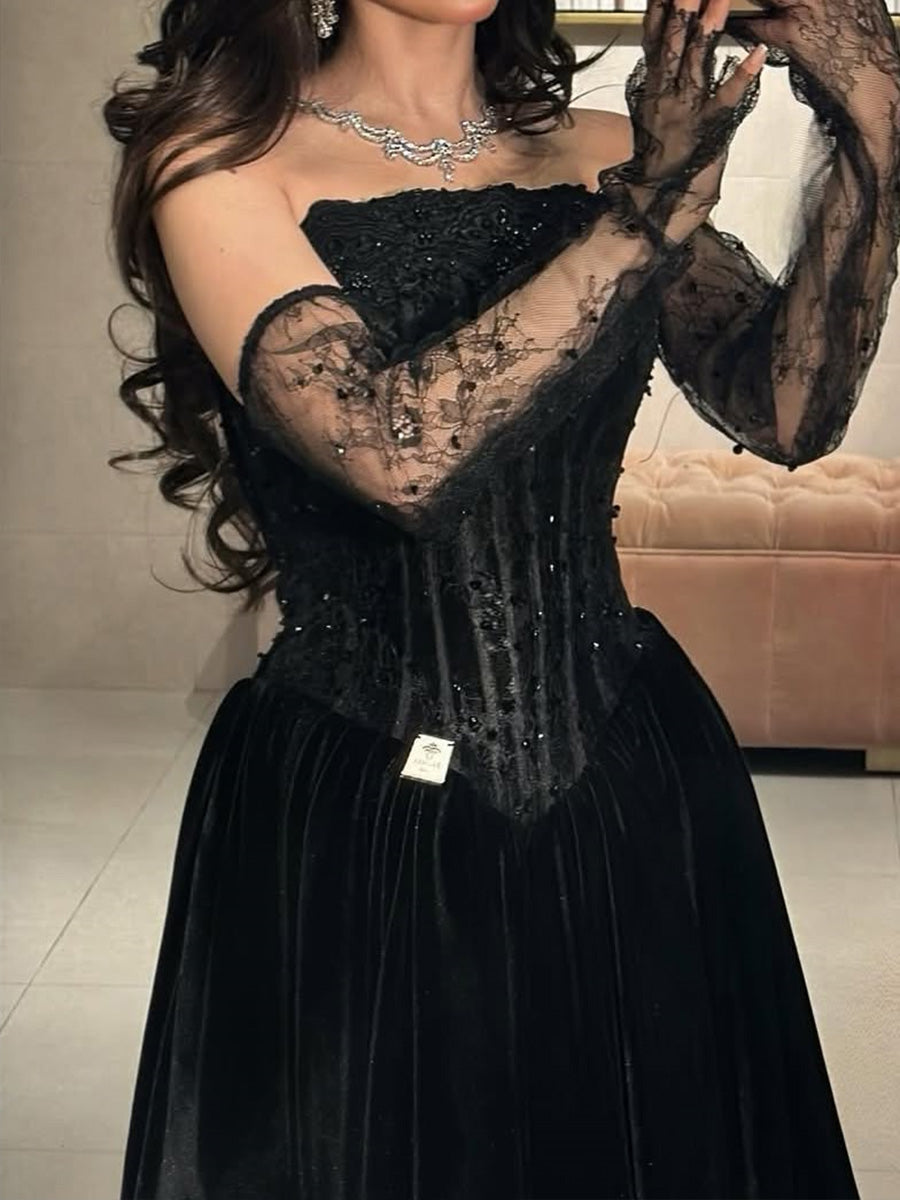 A-line Straight Ruffles Sweep Train Satin Corset Prom Dress