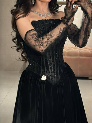 A-line Straight Ruffles Sweep Train Satin Corset Prom Dress