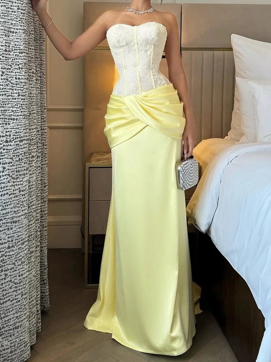 Sheath Sweetheart Pleated Court Train Satin Corset Prom Dress