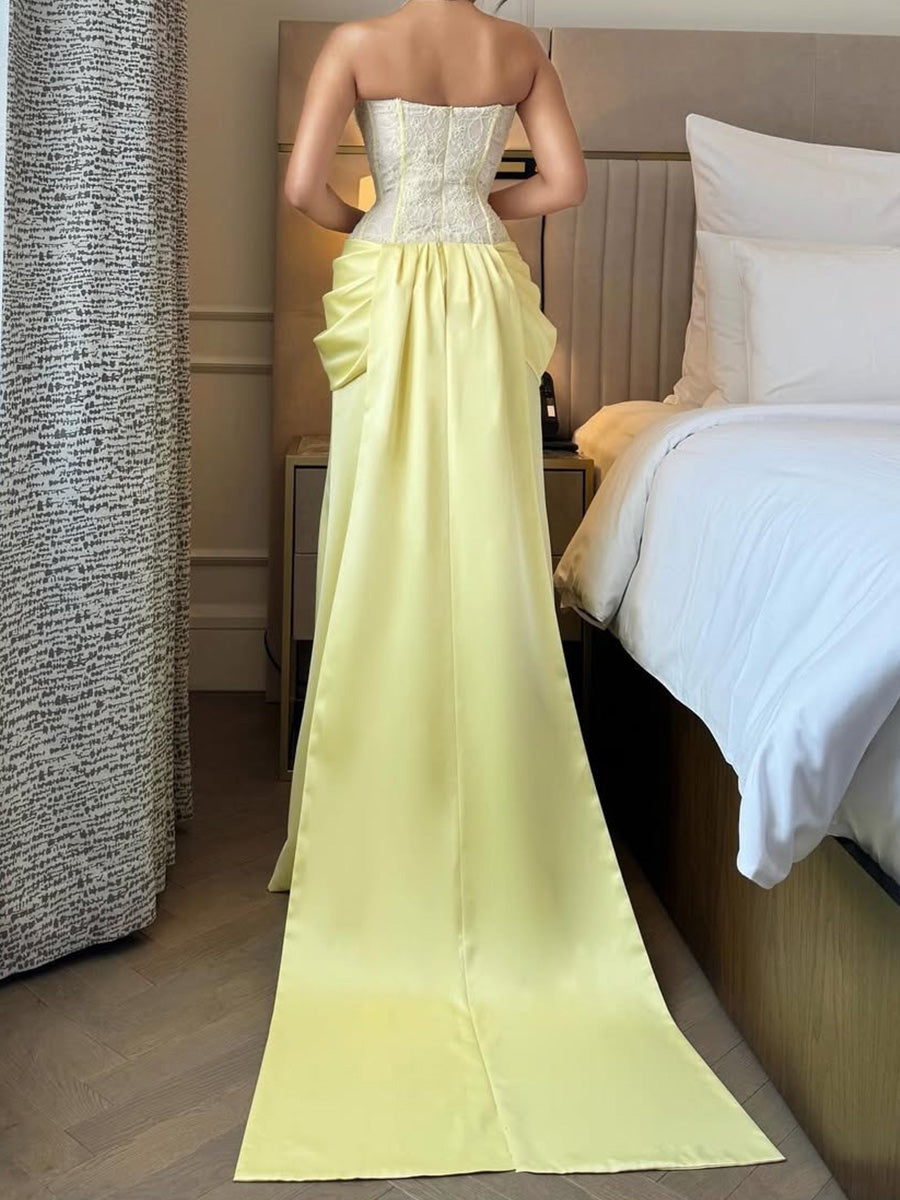 Sheath Sweetheart Pleated Court Train Satin Corset Prom Dress