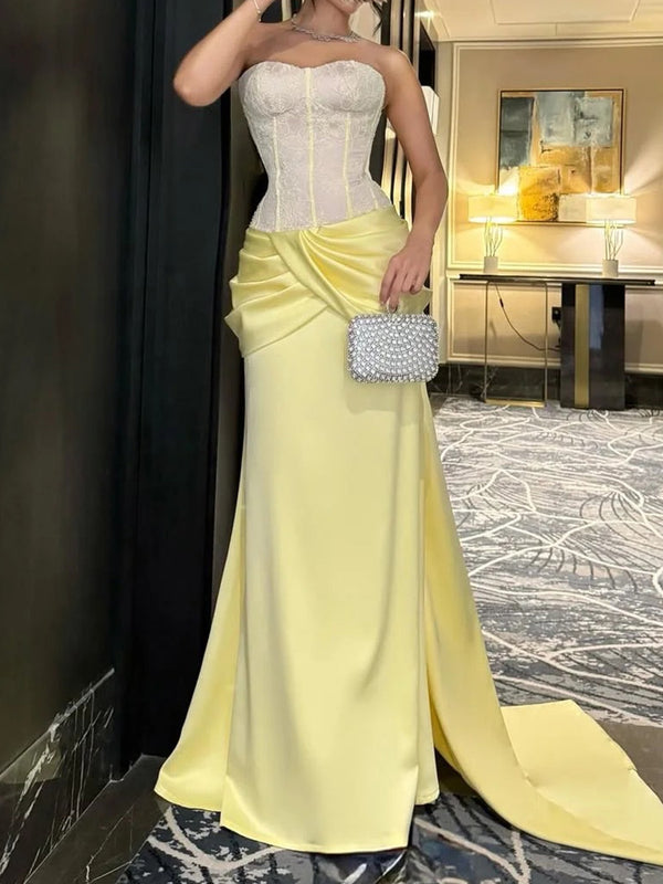 Sheath Sweetheart Pleated Court Train Satin Corset Prom Dress