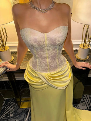 Sheath Sweetheart Pleated Court Train Satin Corset Prom Dress
