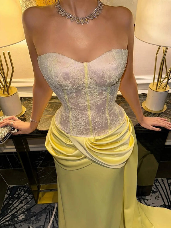 Sheath Sweetheart Pleated Court Train Satin Corset Prom Dress