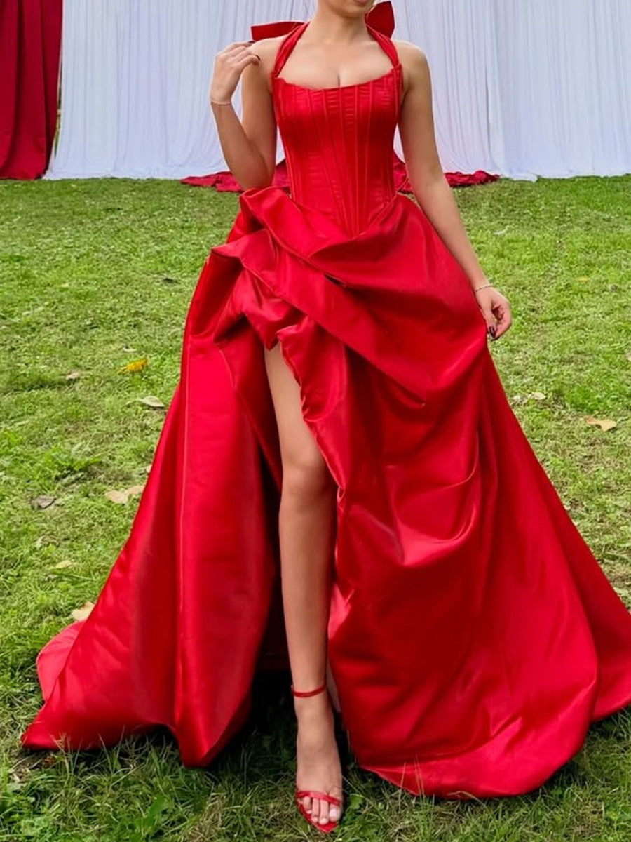 A-line Halter Bow Chapel Train Satin Corset Prom Dress