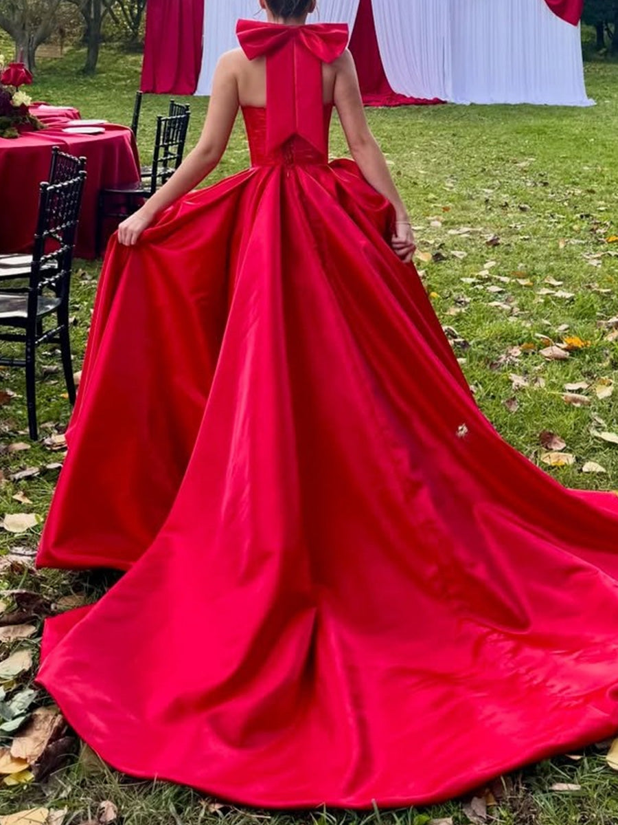A-line Halter Bow Chapel Train Satin Corset Prom Dress