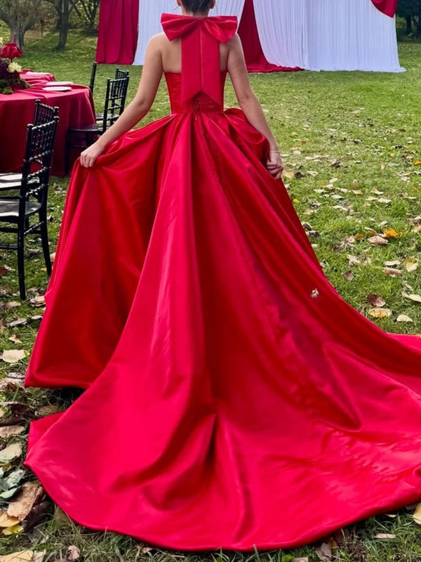 A-line Halter Bow Chapel Train Satin Corset Prom Dress