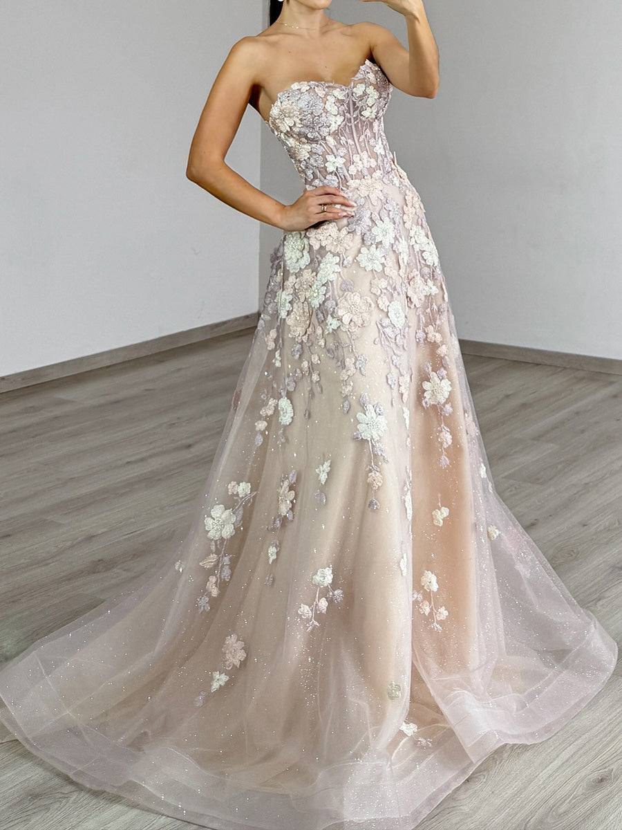 A-line Sweetheart Appliques Lace Sweep Train Tulle Corset Prom Dress