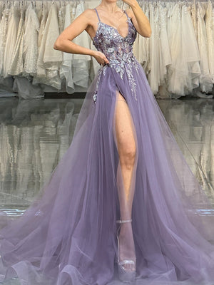 A-line Spaghetti Straps Appliques Lace Sweep Train Tulle Corset Prom Dress