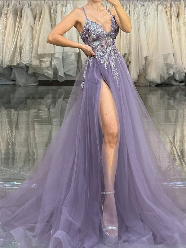 A-line Spaghetti Straps Appliques Lace Sweep Train Tulle Corset Prom Dress