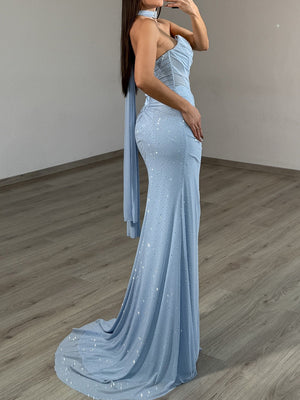 Sheath Straight Pleated Sweep Train Prom Dress