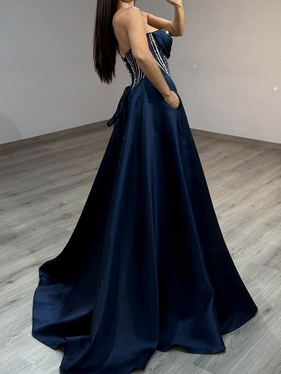 A-line Sweetheart Beading Sweep Train Satin Corset Prom Dress