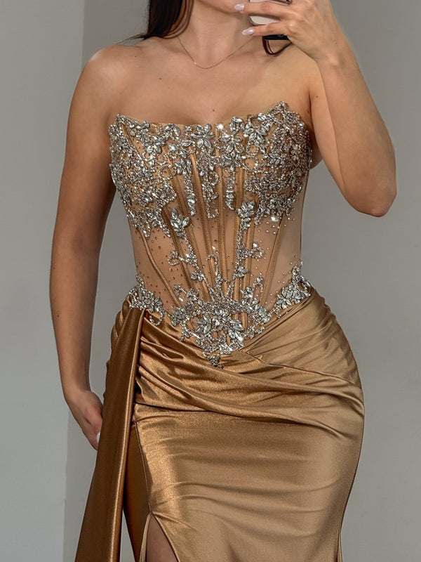 Sheath Straight Pleated Sweep Train Silk Like Satin Corset Prom Dress