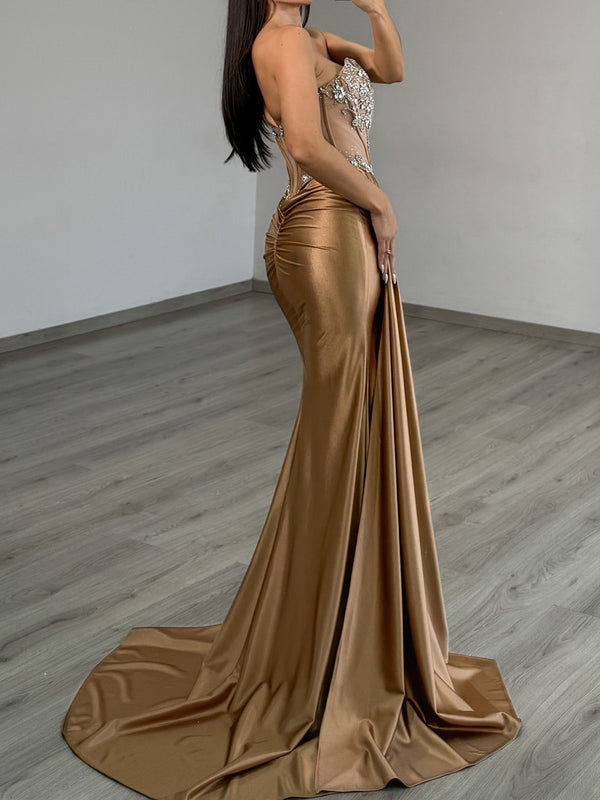 Sheath Straight Pleated Sweep Train Silk Like Satin Corset Prom Dress