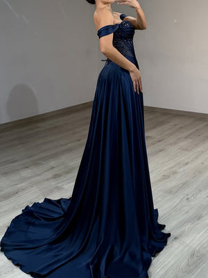 A-line Off-the-Shoulder Ruffles Sweep Train Silk Like Satin Corset Prom Dress