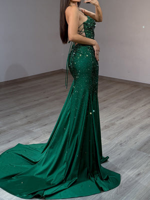 Sheath Spaghetti Straps Sequin Court Train Prom Dress