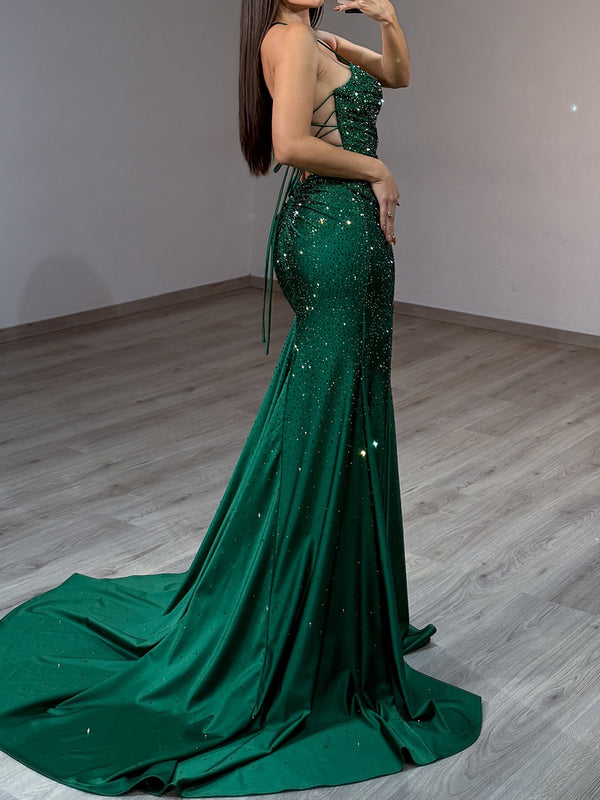 Sheath Spaghetti Straps Sequin Court Train Prom Dress
