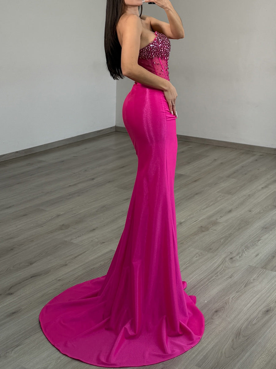 Sheath Straight Beading Sweep Train Corset Prom Dress