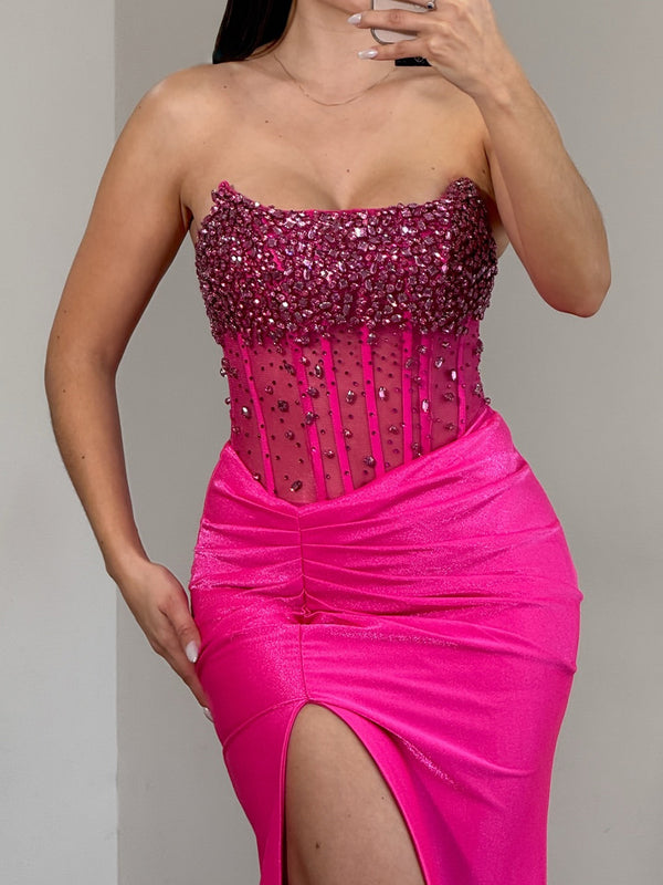 Sheath Straight Beading Sweep Train Corset Prom Dress