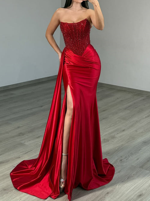 Sheath Straight Beading Sweep Train Corset Prom Dress