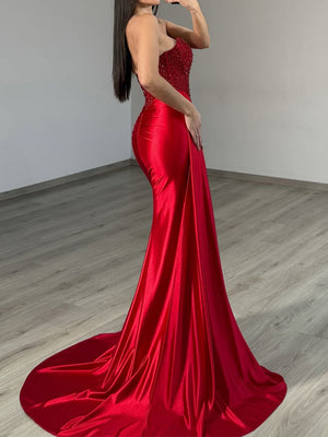 Sheath Straight Beading Sweep Train Corset Prom Dress