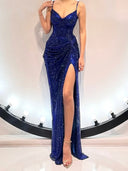 Sheath Spaghetti Straps Sequin Floor-Length Corset Prom Dress