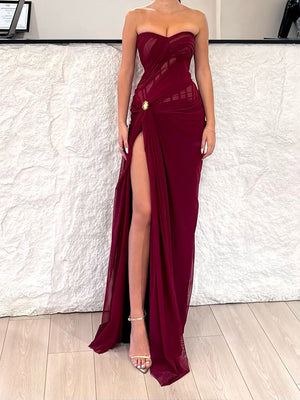 Sheath Sweetheart Pleated Sweep Train Chiffon Corset Prom Dress