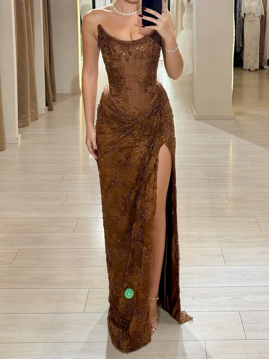 Sheath Straight Appliques Lace Floor-Length Lace Prom Dress