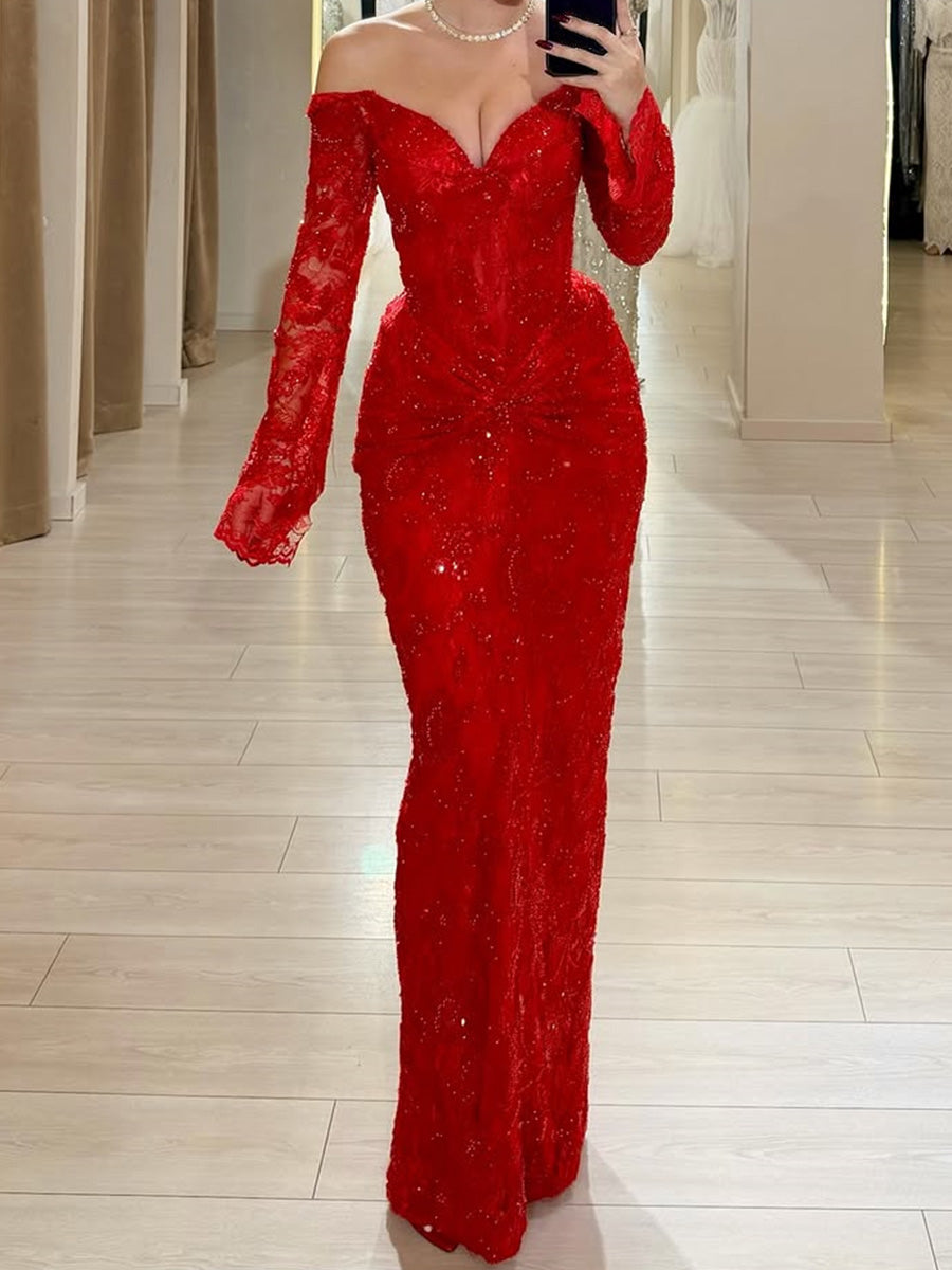 Sheath Off-the-Shoulder Long Sleeves Appliques Lace Floor-Length Lace Corset Prom Dress