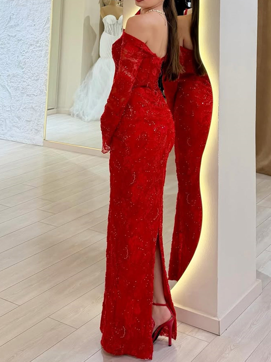 Sheath Off-the-Shoulder Long Sleeves Appliques Lace Floor-Length Lace Corset Prom Dress