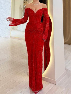 Sheath Off-the-Shoulder Long Sleeves Appliques Lace Floor-Length Lace Corset Prom Dress