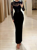 Sheath Scoop Long Sleeves Appliques Lace Ankle-Length Stretch Crepe Prom Dress