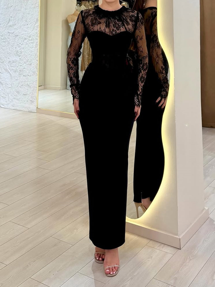 Sheath Scoop Long Sleeves Appliques Lace Ankle-Length Stretch Crepe Prom Dress